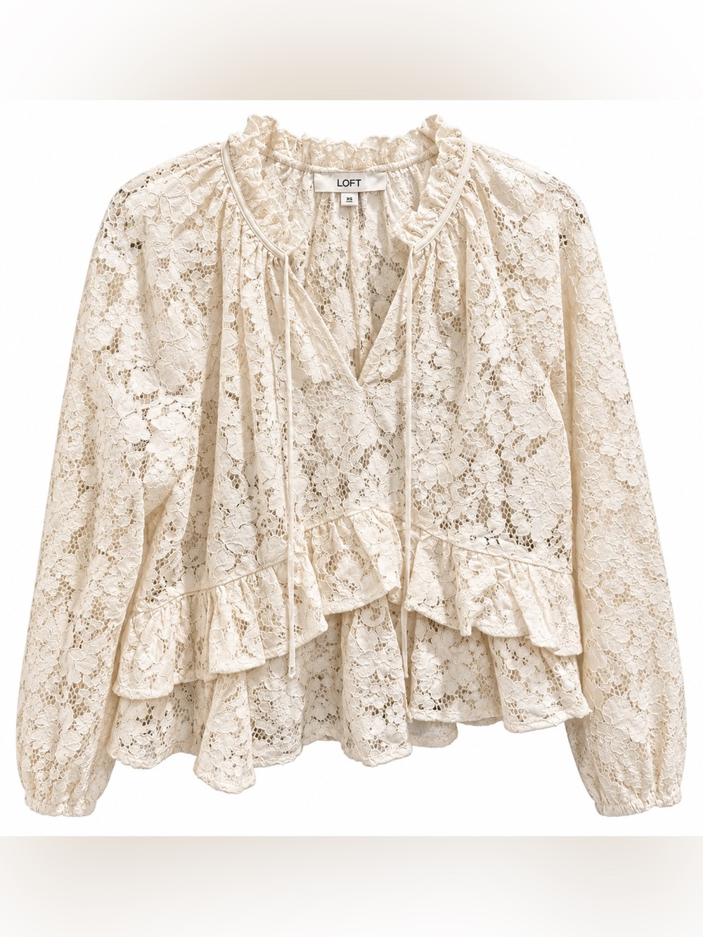 LOFT Cream Lace Ruffle Tie-Front Blouse